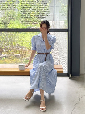 Mayning Collar Puff Stripe Shirt One Piece (Belt Set)